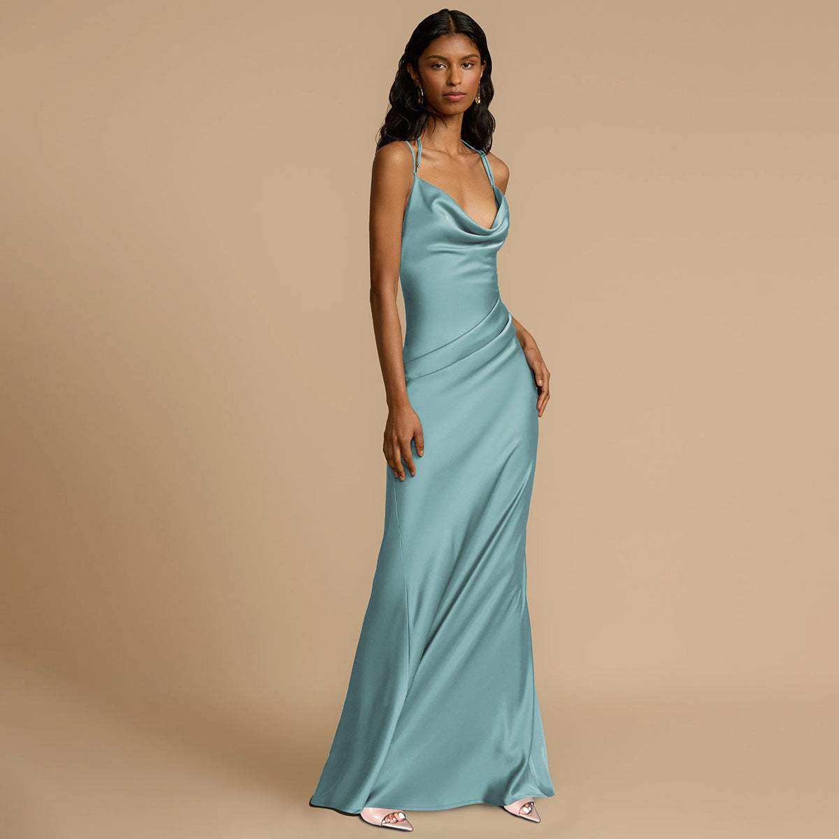Satin Backless Halter Cross Strap Slip Maxi Gown