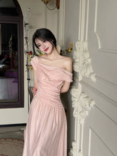 Off Shoulder Ruched Satin A-Line Midi Dress 4