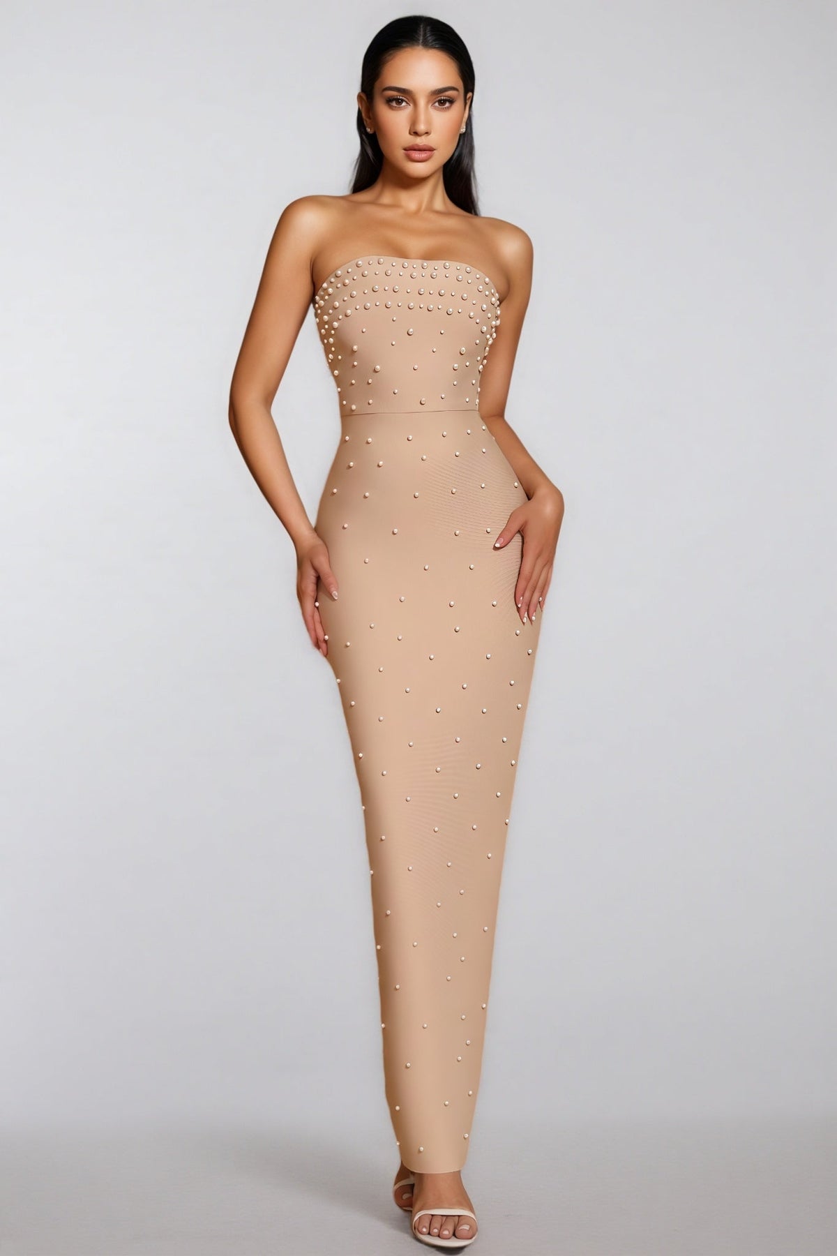 Strapless Faux Pearl Embellished Bandage Bodycon Maxi Dress 2