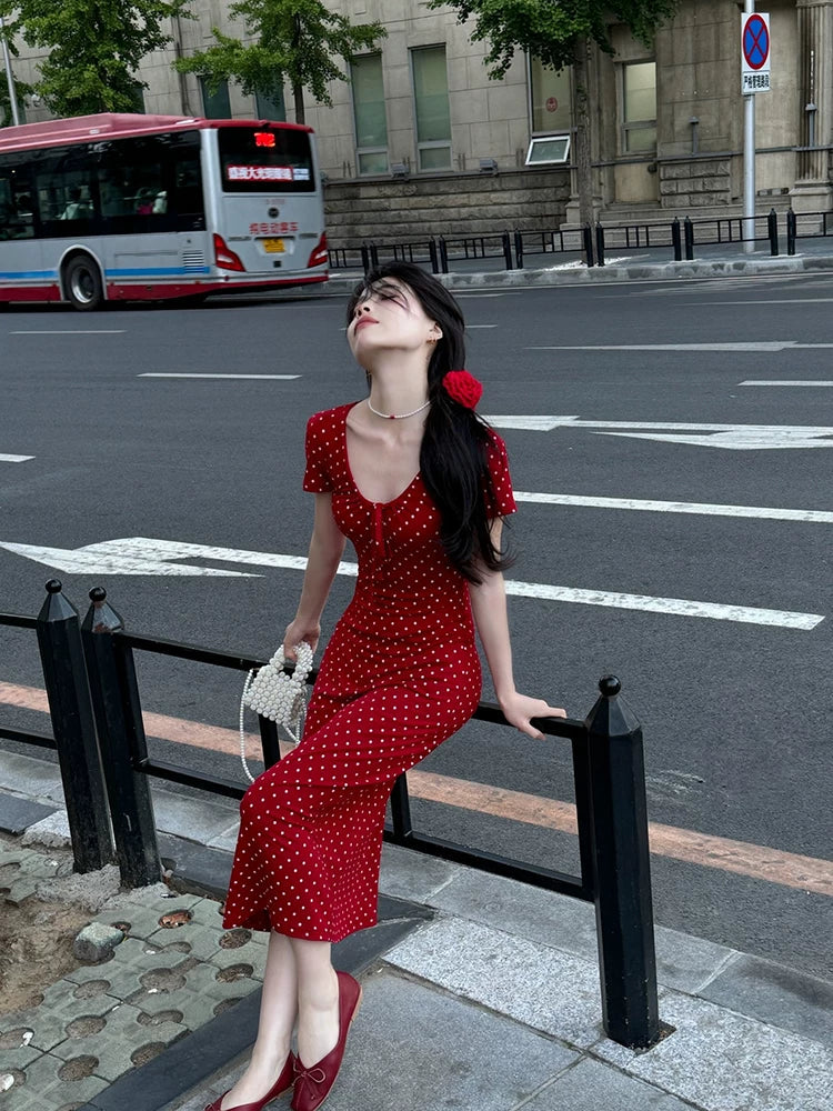 Polka Dot Sweetheart Puff Sleeve Bodycon Midi Dress 3