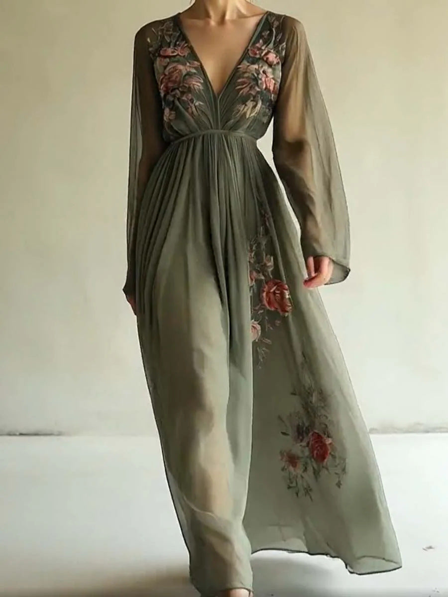 Floral Embroidered Chiffon Deep V-Neck Long Sleeve Maxi Dress 2