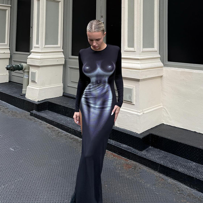 3D Body Print Crew Neck Long Sleeve High Split Bodycon Maxi Dress