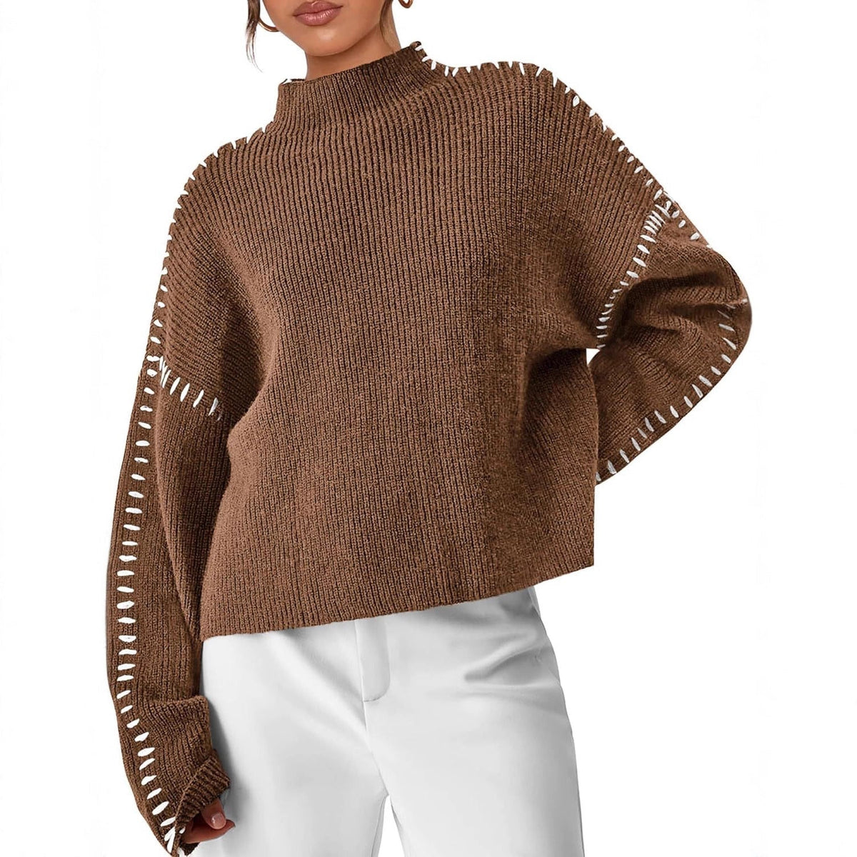 Mock Neck Whipstitch Trim Drop Shoulder Sweater