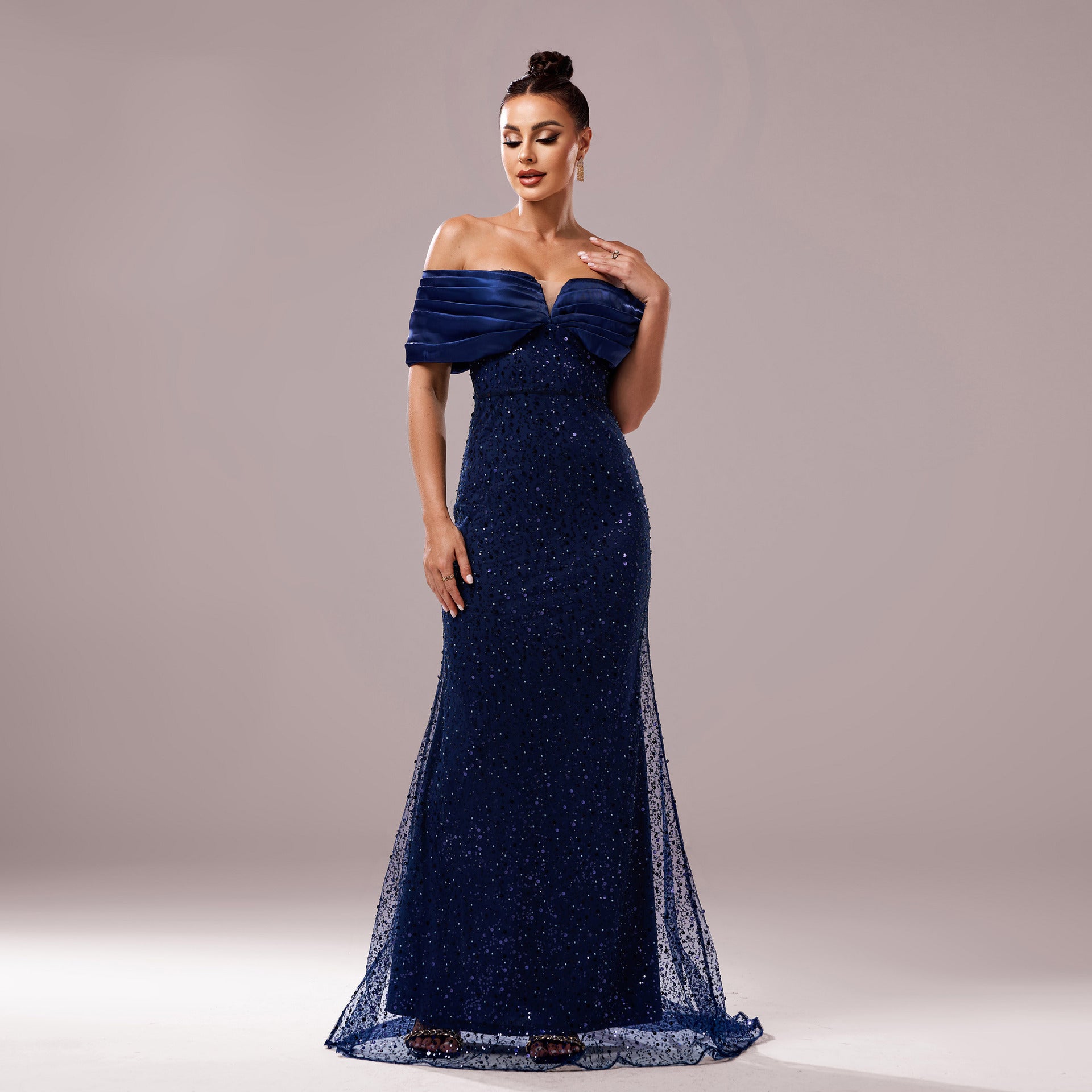 Women Clothing Off Neck Slim Fit Sheath Cocktail Sequined Fishtail Evening Dress