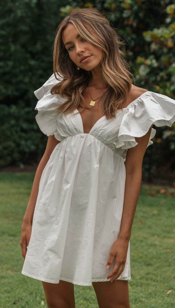 Plunging V-Neck Ruffle Sleeve Empire Waist Babydoll Mini Dress 4