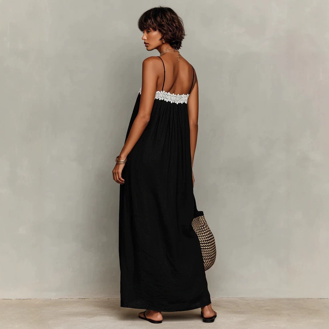 Lace Trim Spaghetti Strap Gathered Bust Straight Maxi Dress 3