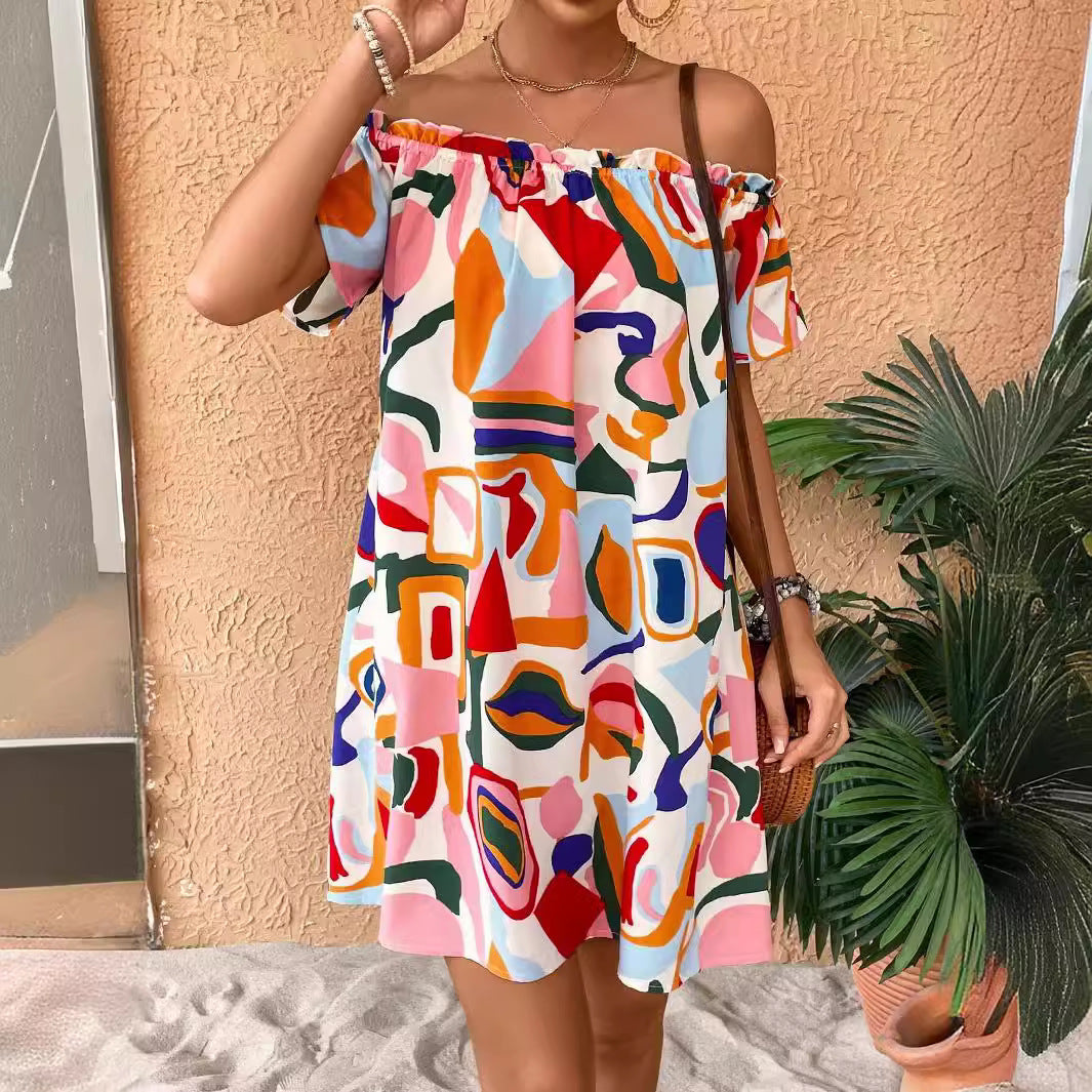 Abstract Geometric Print Off Shoulder Short Sleeve Ruffle Neck Swing Mini Dress 3
