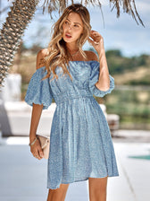 Floral Bubble Sleeves High Waist Dress S / Blue Floral Print Summer Dress