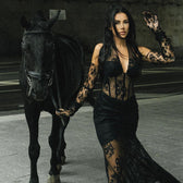 Spring Summer Black Blue Lace Halter Gloves Dress - View 4