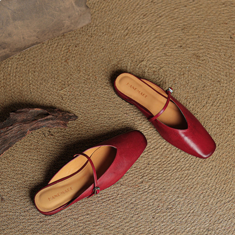 Square Toe Buckle Strap Flat Mules