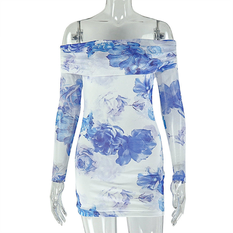 Floral Print Mesh Off Shoulder Long Sleeve Bodycon Mini Dress 5