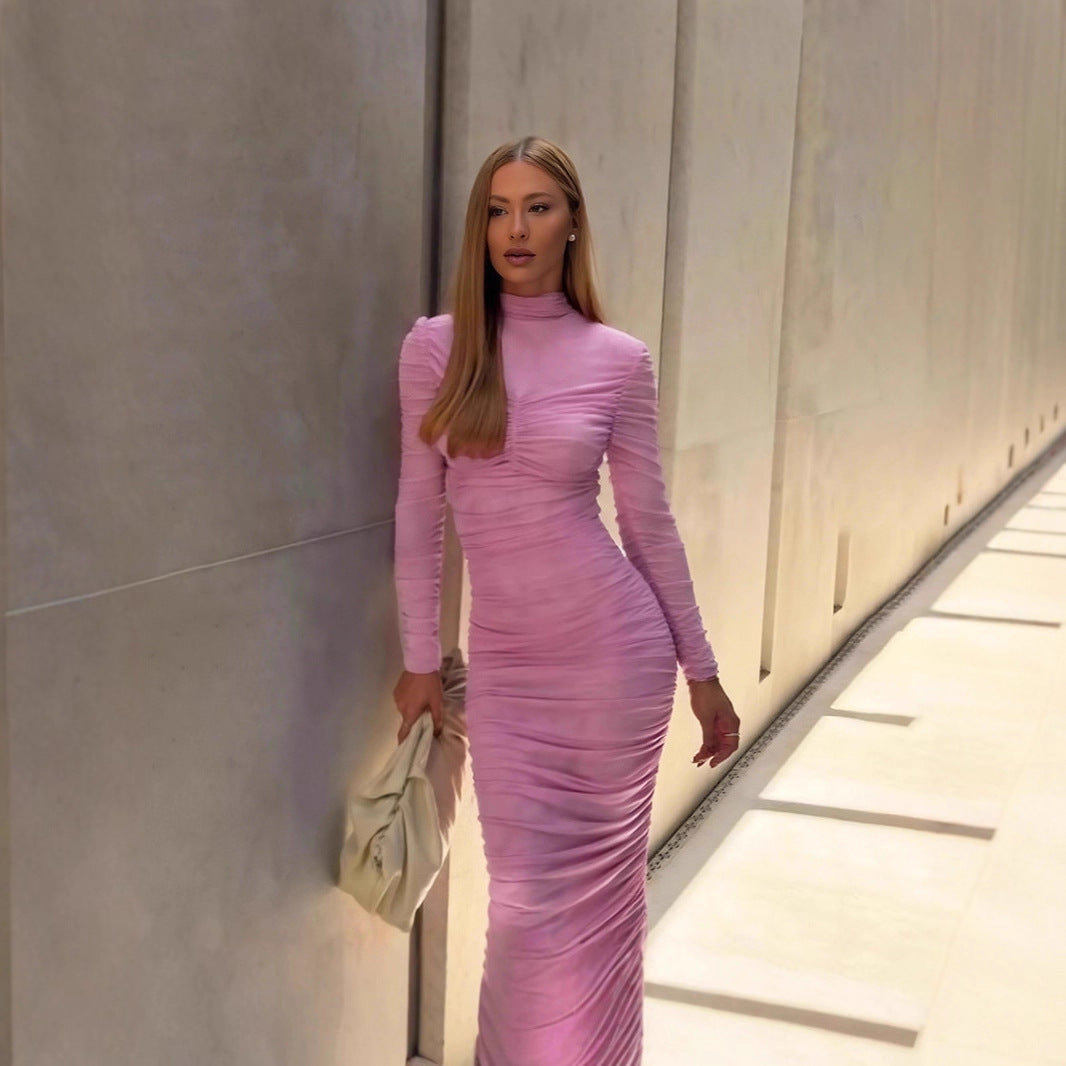 Mock Neck Long Sleeve Ruched Mesh Bodycon Maxi Dress