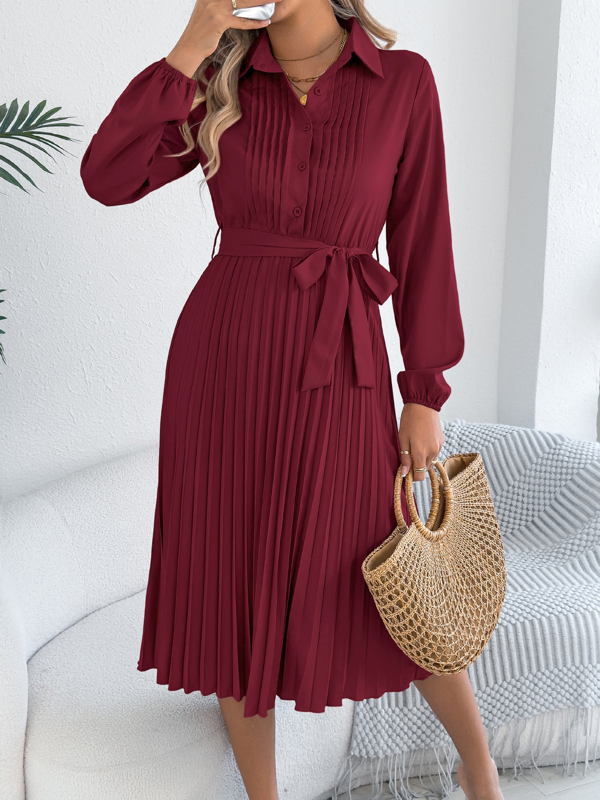 Collared Long Sleeve Pintuck Button Front Belted Pleated Midi Dress 4