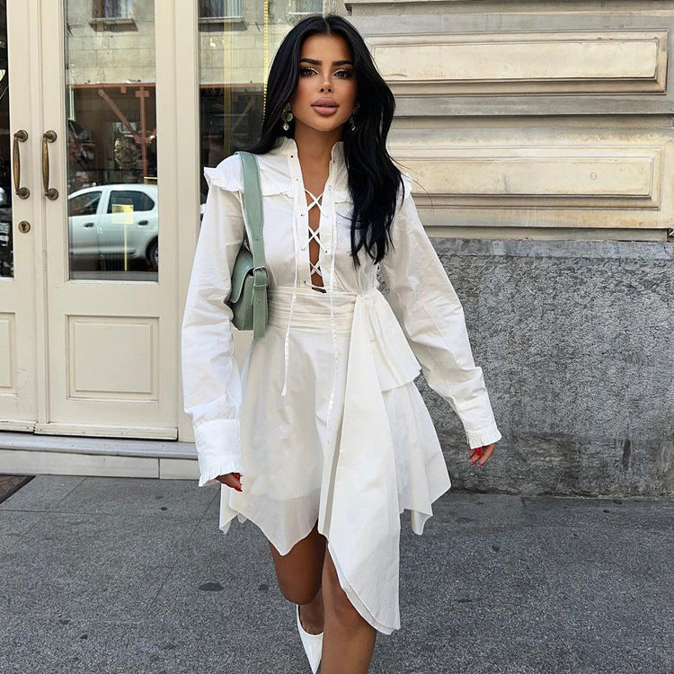 French Stand up Collar Long Sleeved Dress Women Autumn Irregular Asymmetric Hem High Waist Lace up A line Dress