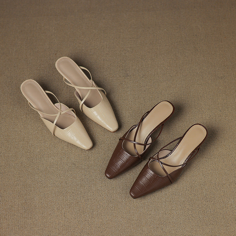 Croc Embossed Pointed Toe Kitten Heel Mules
