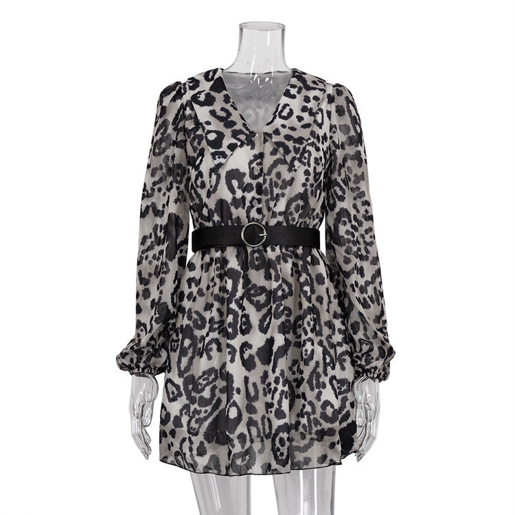 French Chiffon Dress Trend Doll Collar Long Sleeve Leopard Print Dress - View 5