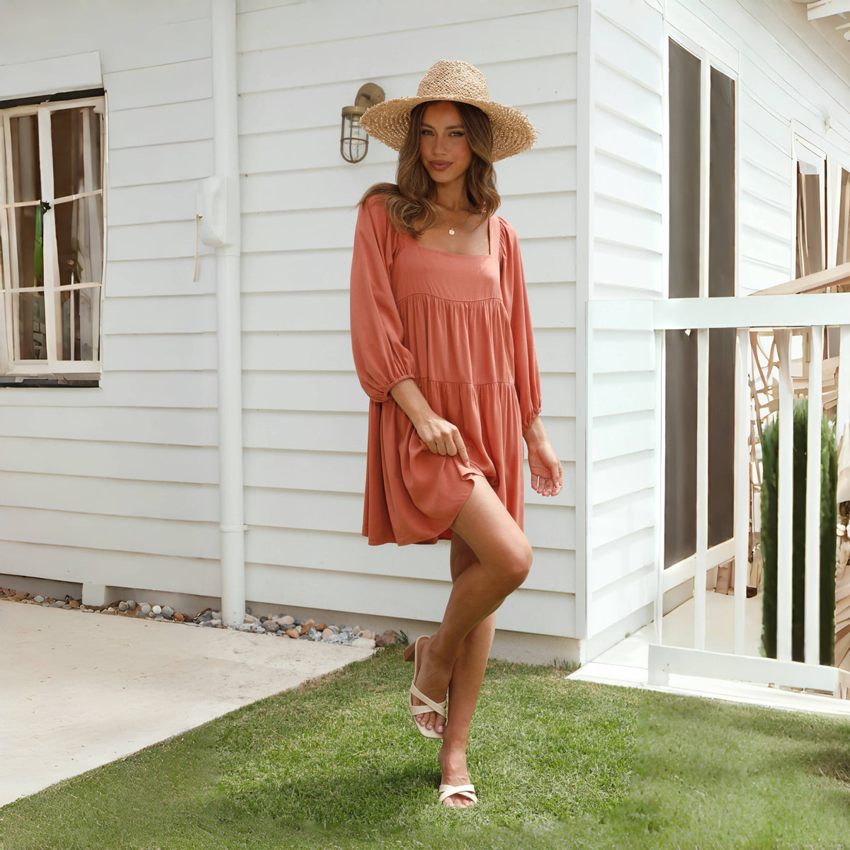 Dress Women Loose Spring Summer Pullover Square Collar Puff Sleeve Solid Color Backless Dress Women