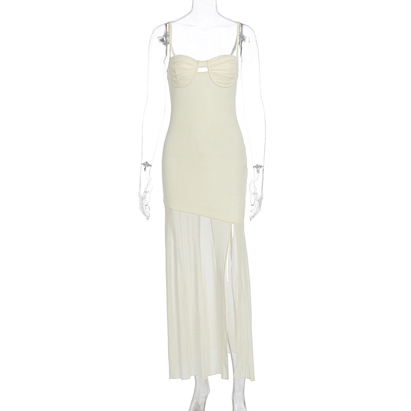 Bustier Keyhole Cut Out Spaghetti Strap Sheer Mesh High Split Maxi Dress 2