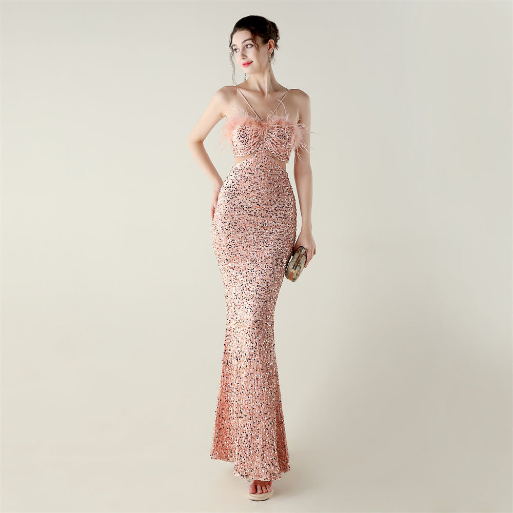 Velvet Bottom Sequin Craft Ostrich Feather Handmade Evening Dress Fishtail A Hemline High End Dinner Dress - FashionAxe