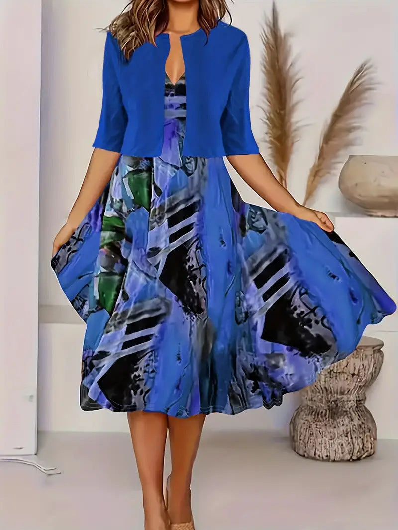 Floral Sleeveless Midi Dress with Bolero Two Piece Set 15
