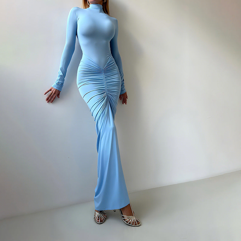 Mock Neck Long Sleeve Ruched Front Bodycon Maxi Dress