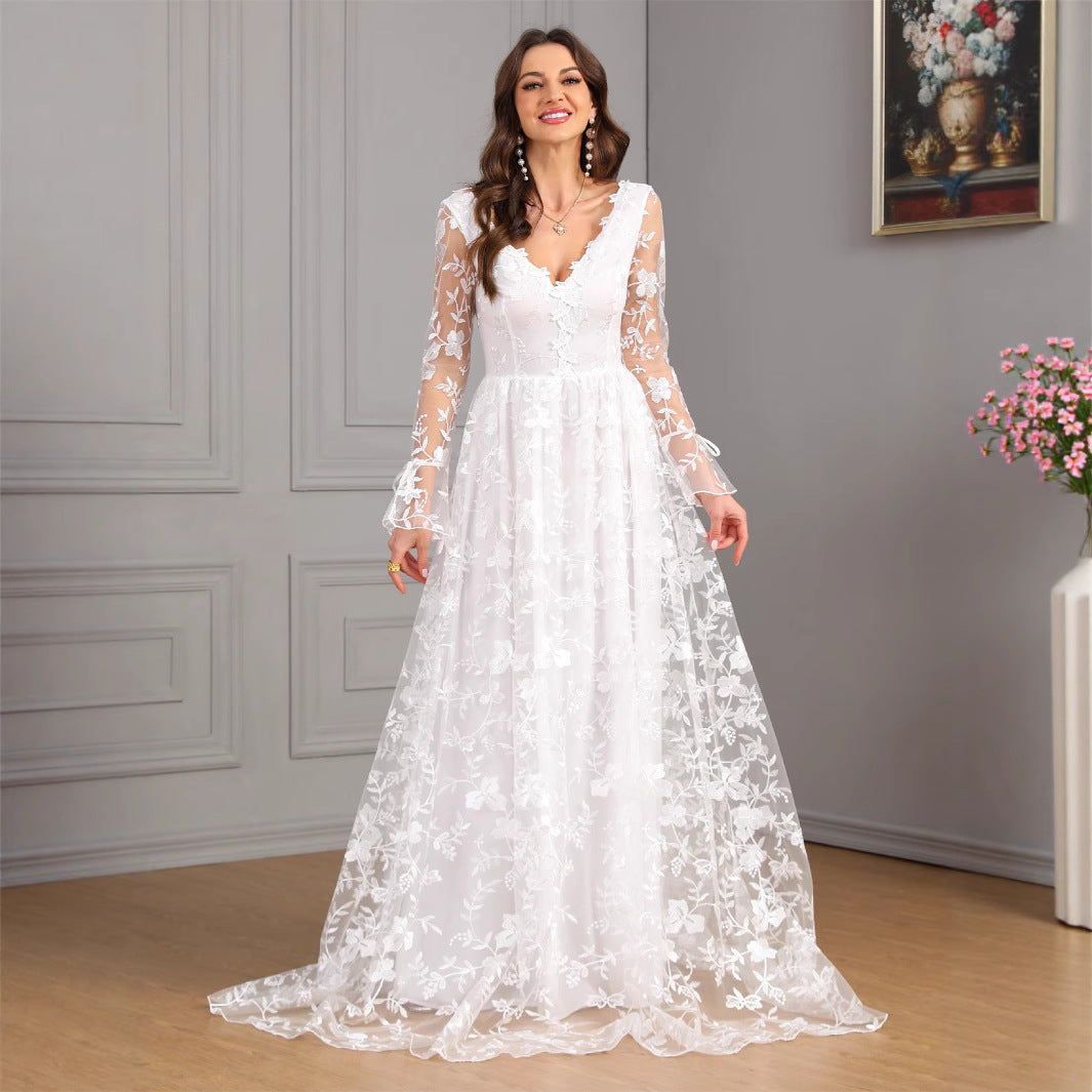 V neck Long Sleeve Backless White Large Swing Wedding Dress
