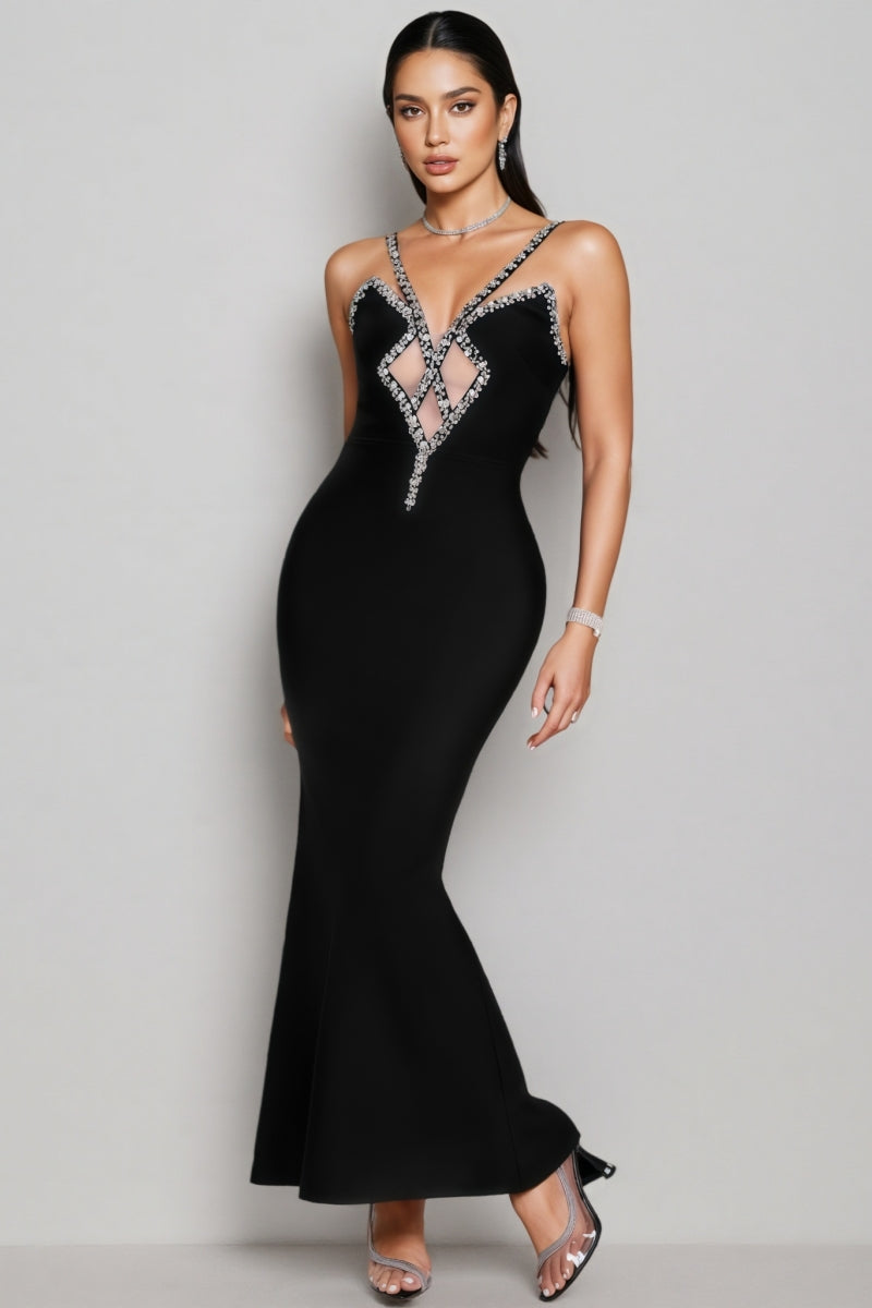 Rhinestone Trim V-Neck Mesh Cut Out Cami Mermaid Bandage Maxi Dress