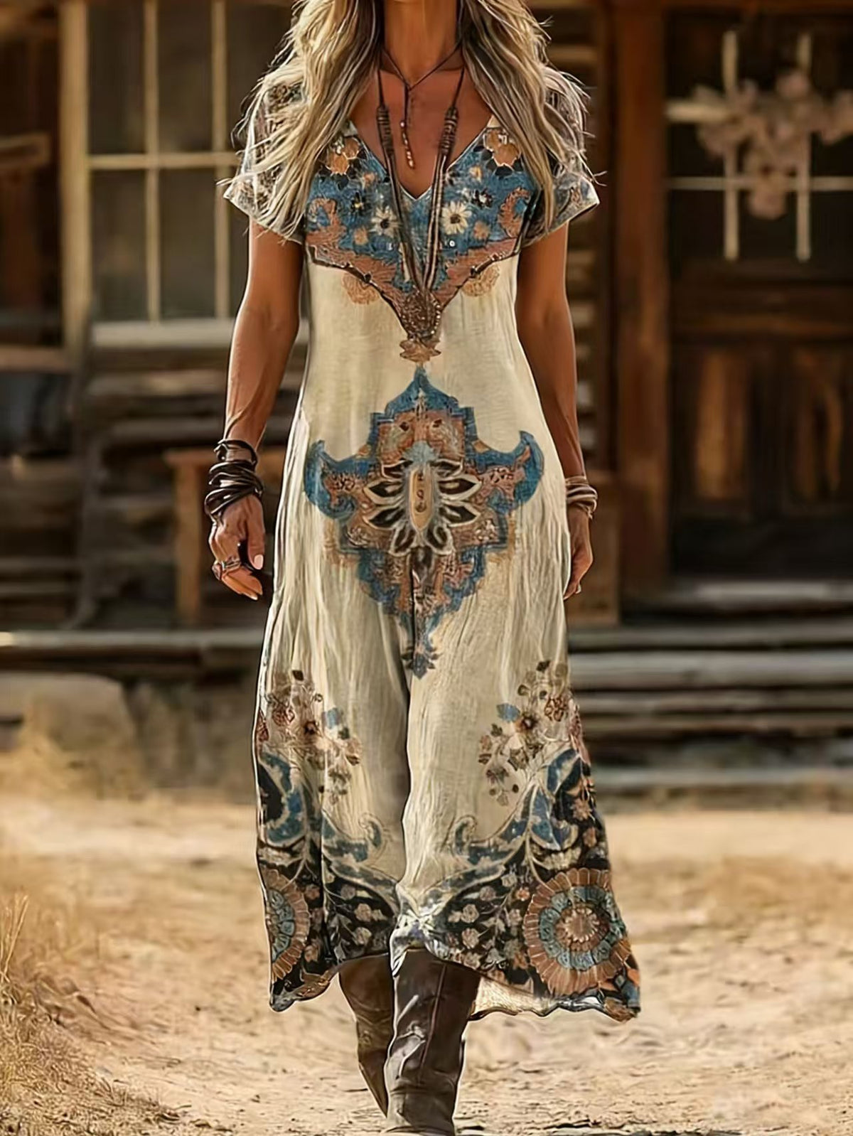 Boho Abstract Print V-Neck Short Sleeve Flowy Maxi Dress 4