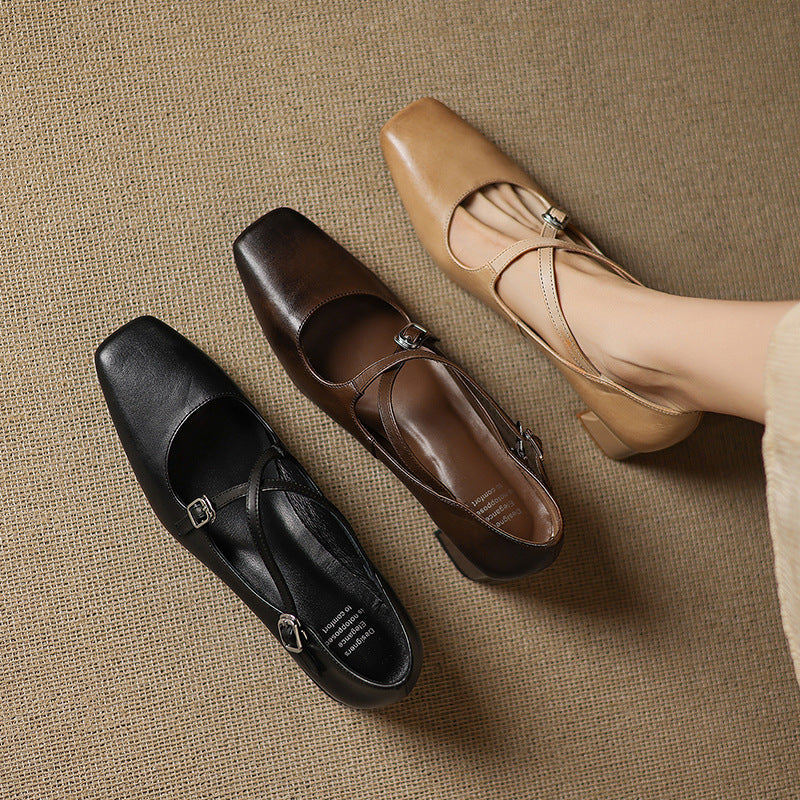 Square Toe Double Buckle Strap Block Heel Mary Jane Pumps
