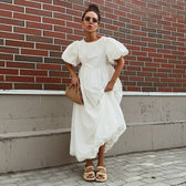 High Neck Puff Sleeve Bubble Hem Midi Dress