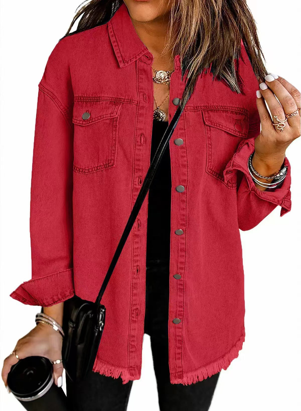 Button Front Frayed Hem Longline Denim Jacket