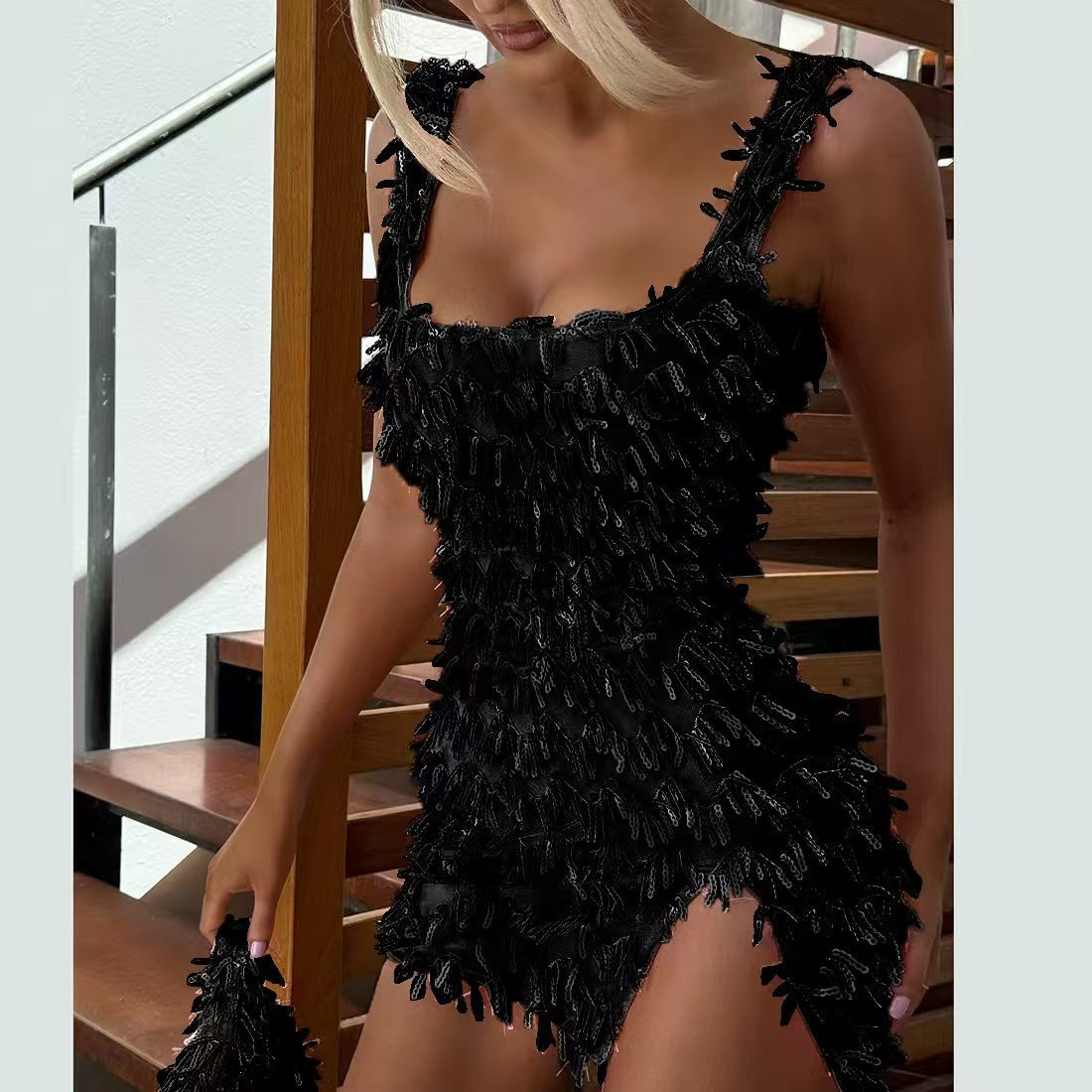 Sequin Fringe Square Neck High Split Bodycon Mini Dress 6