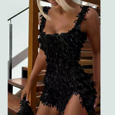 Sequin Fringe Square Neck High Split Bodycon Mini Dress 6