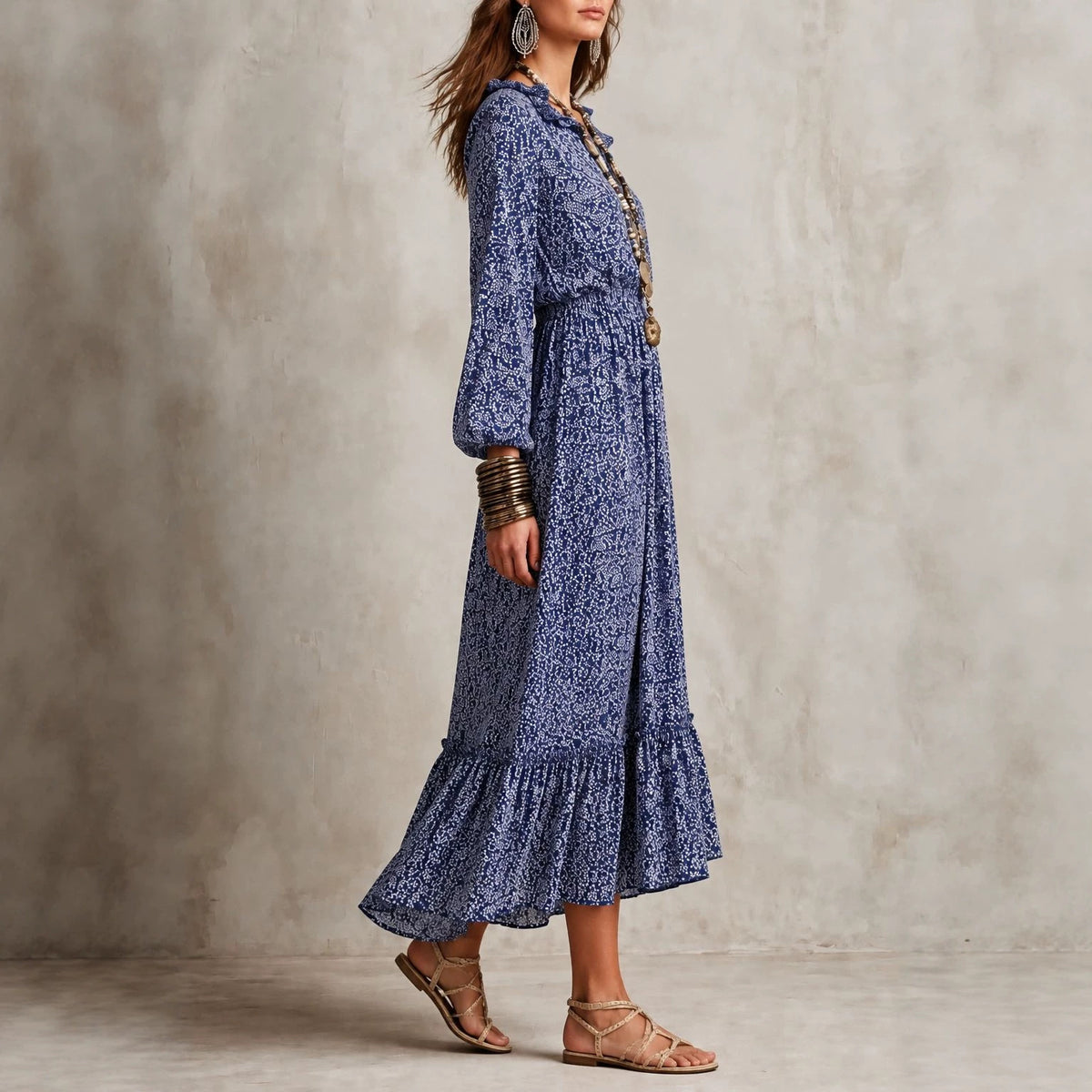 Autumn Women Clothing Long Sleeve V neck Floral Long Sleeve Dress