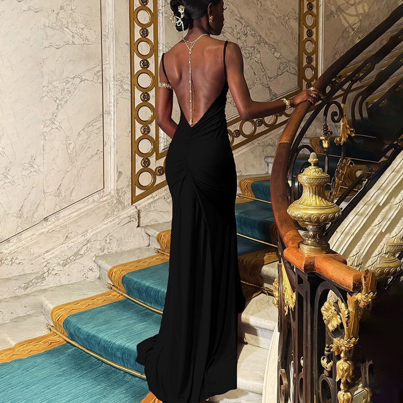 Spaghetti Strap Low Back Ruched Mermaid Maxi Gown with Train 2