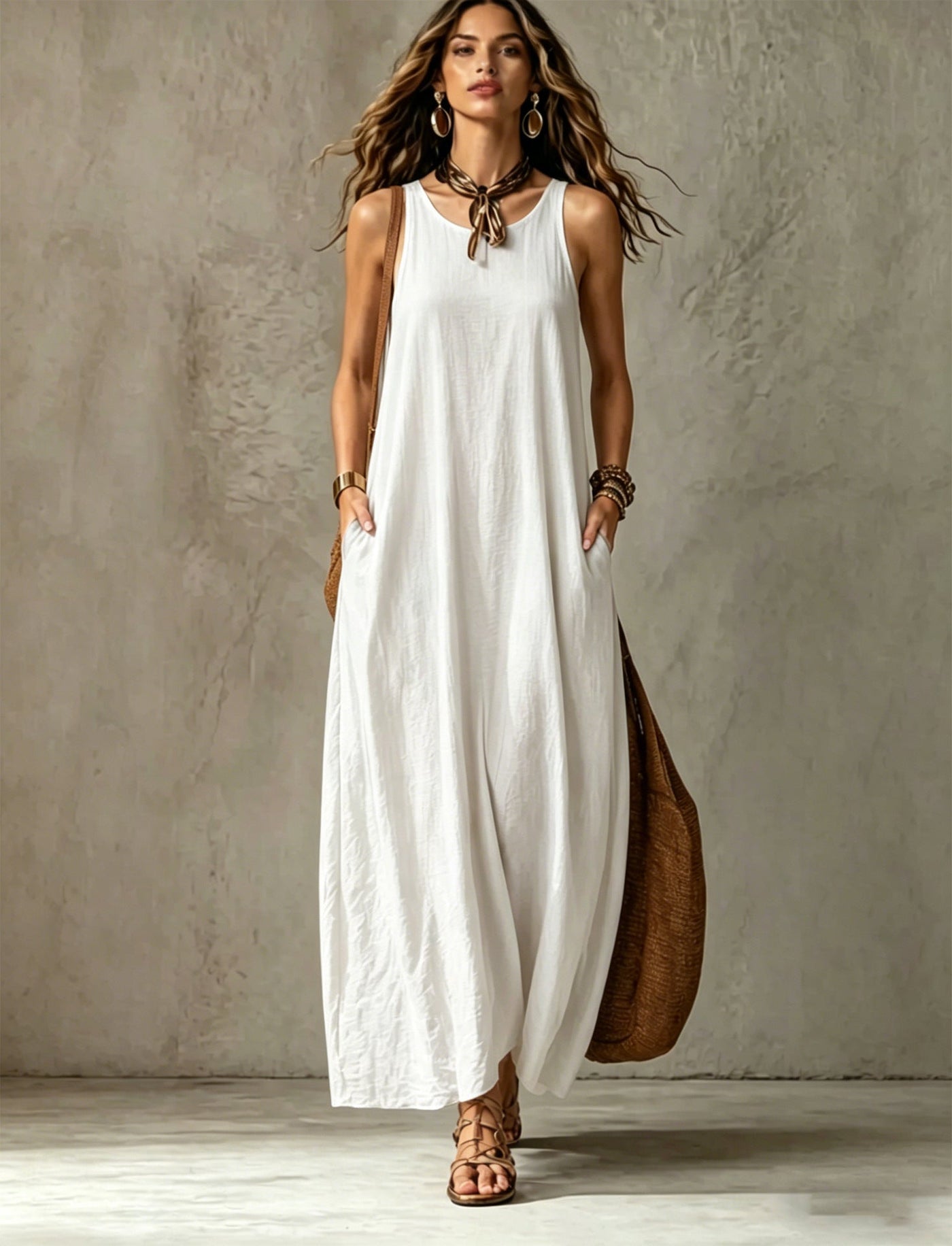 Sleeveless Tie Neck Pocket Maxi Dress 11