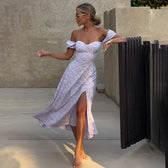 Floral Off Shoulder Puff Sleeve High Split Maxi Dress 3
