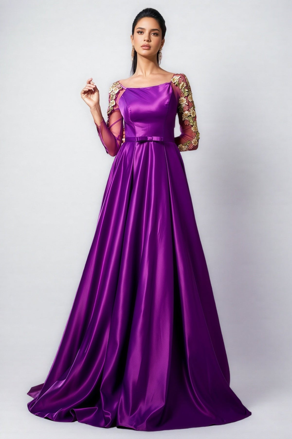 Satin Floral Applique Sheer Long Sleeve Bow Waist A-Line Gown