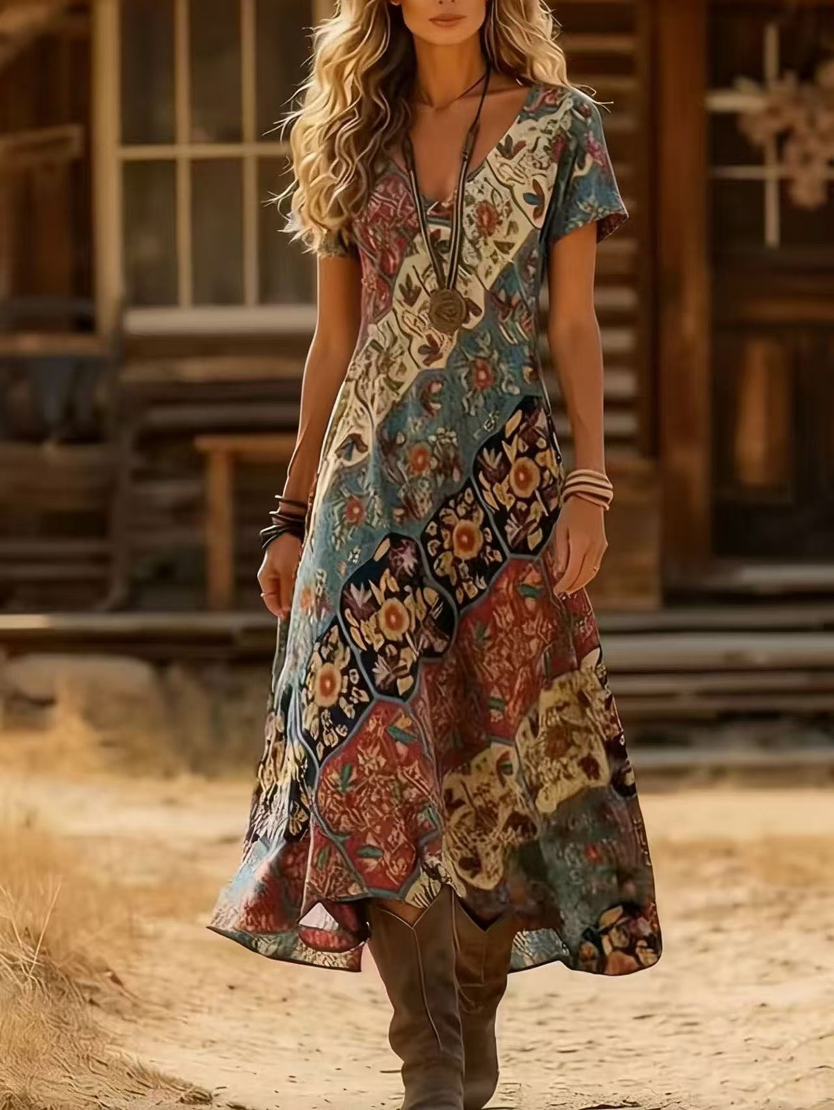 Boho Abstract Print V-Neck Short Sleeve Flowy Maxi Dress 6