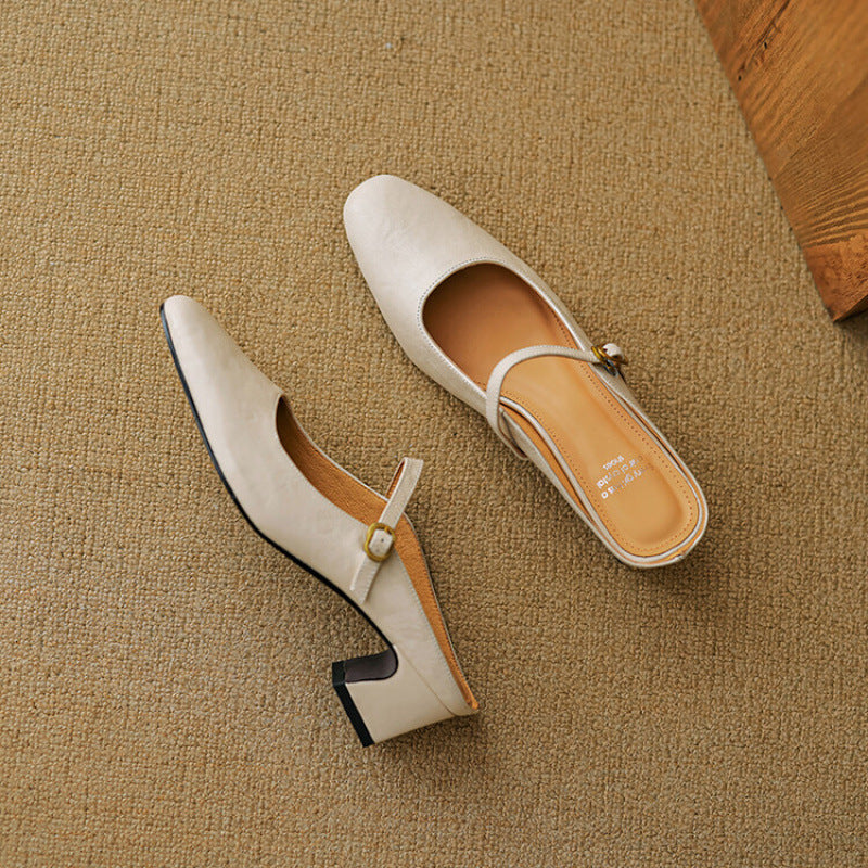 Square Toe Buckle Strap Block Heel Mules