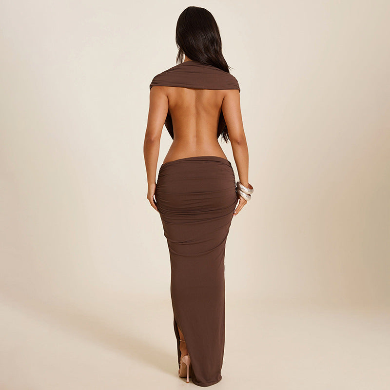 Deep V-Neck Cap Sleeve Side Cut Out Ruched Waist Bodycon Maxi Dress 3