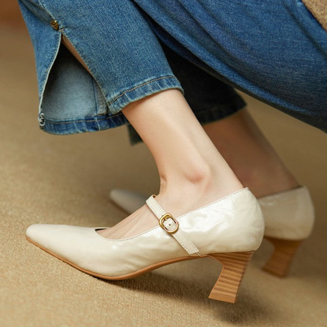 Buckle Strap Square Toe Block Heel Mary Jane Pumps