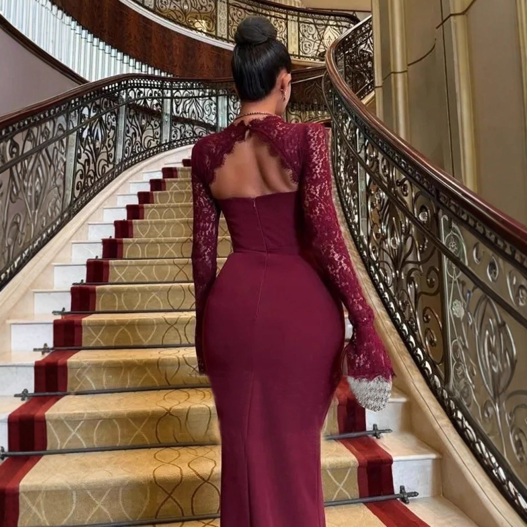 Women Clothing Dress Long Sleeve Lace Wine Red Dress Toast Clothing