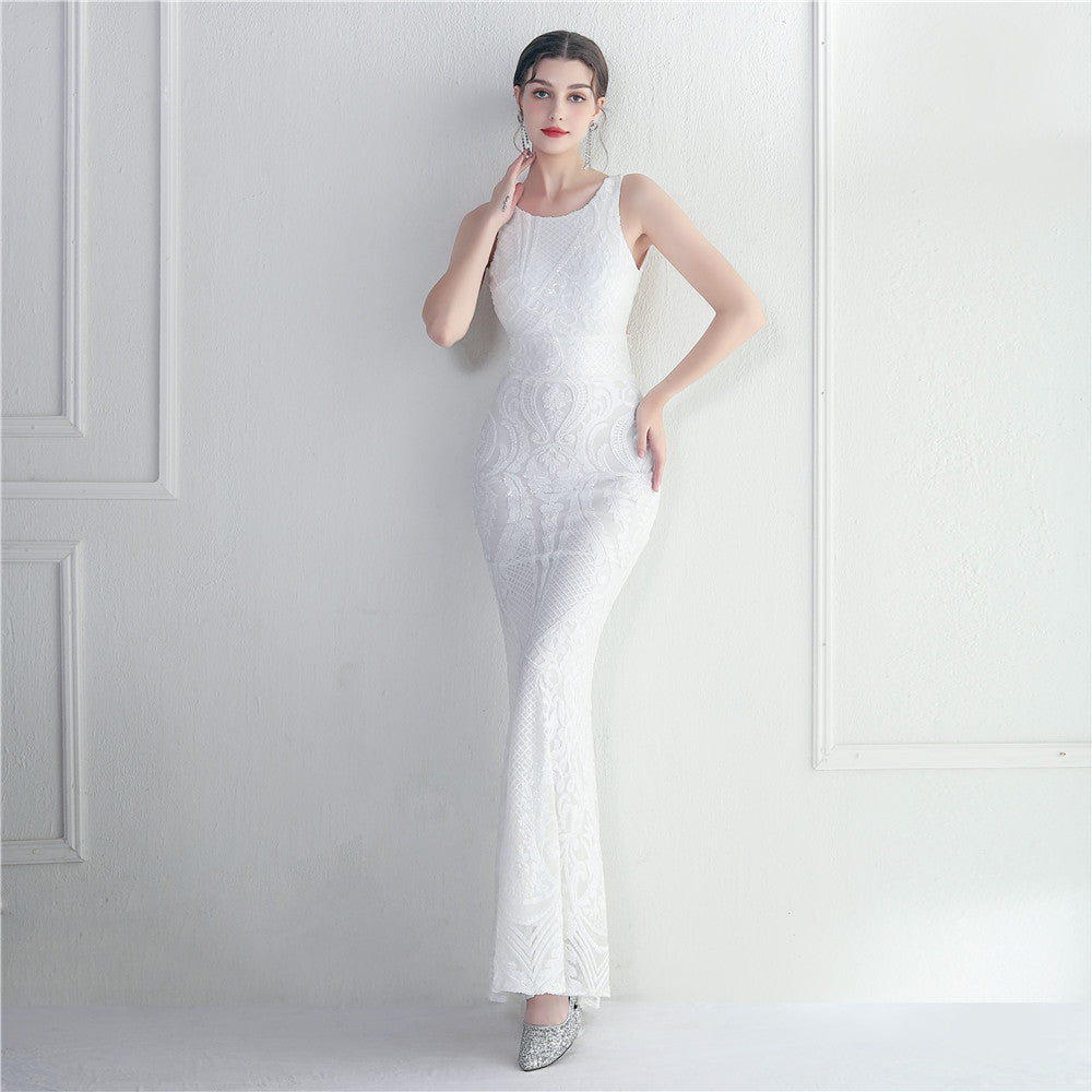 Damask Sequin Embroidered Sleeveless Open Back Mermaid Evening Gown 5