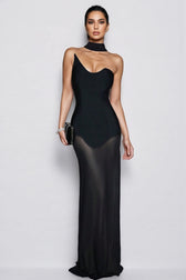Urselk Black Mesh Bandage Maxi Dress