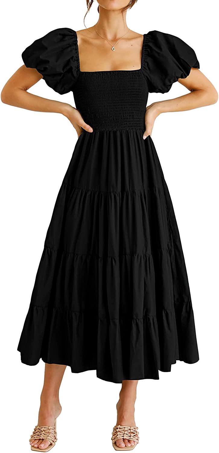 Square Neck Puff Sleeve Smocked Bodice Tiered Midi Dress 3