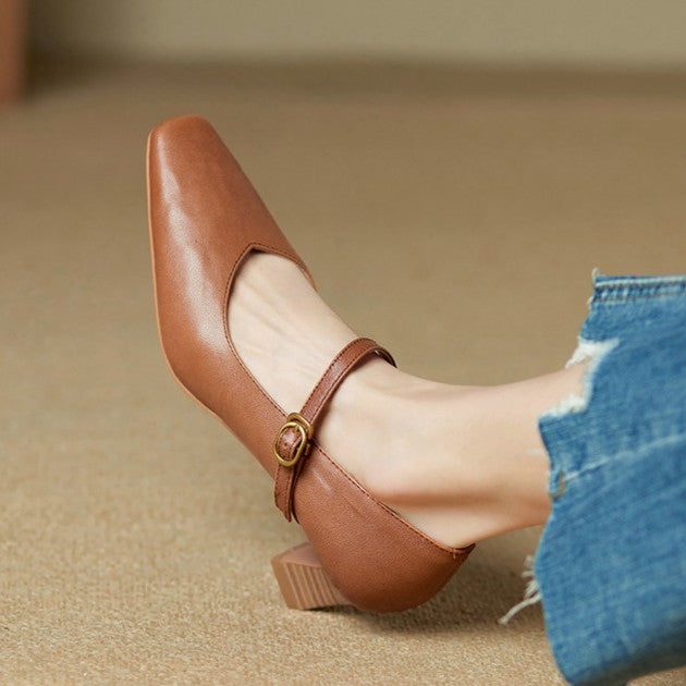 Buckle Strap Square Toe Block Heel Mary Jane Pumps