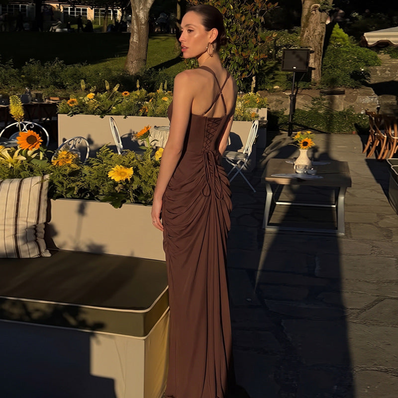 Women Wear Sexy Backless Cross Strap Long Slim Pleated Half Length Dress for Women