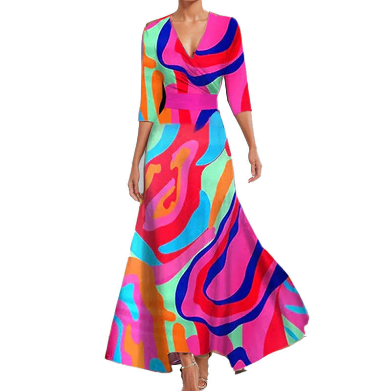 Abstract Print Deep V-Neck Wrap Maxi Dress 5