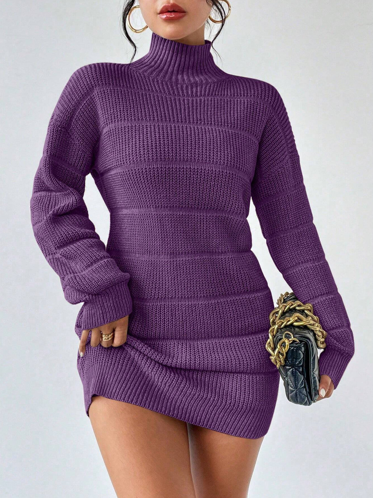 Mock Neck Long Sleeve Textured Knit Sweater Mini Dress 9